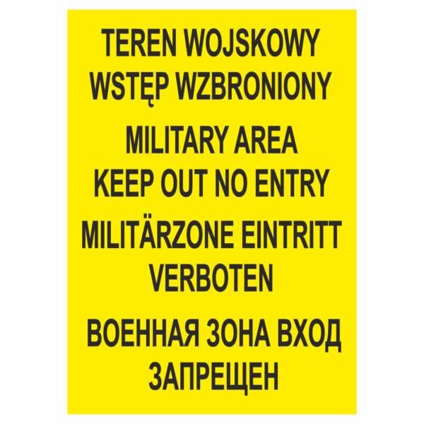 Tablica Teren wojskowy wstęp wzbroniony 4 języki
