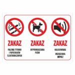 Zakaz palenia, wyprowadzania psów i hałasowania naklejka / tabliczka
