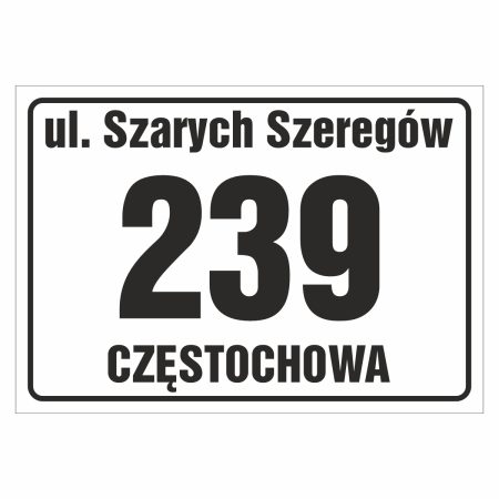 Tabliczka adresowa z nazwą miejscowości, ulicą i numerem z białym tłem i czarnymi napisami